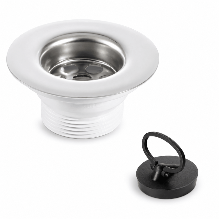 Küchen-Spülen-Ablaufventil mit 85 mm Edelstahl-Sieb, Gewinde 6/4 Zoll (1 1/2 Zoll), inklusive Ventilstopfen, Dichtung und Befestigungsschraube